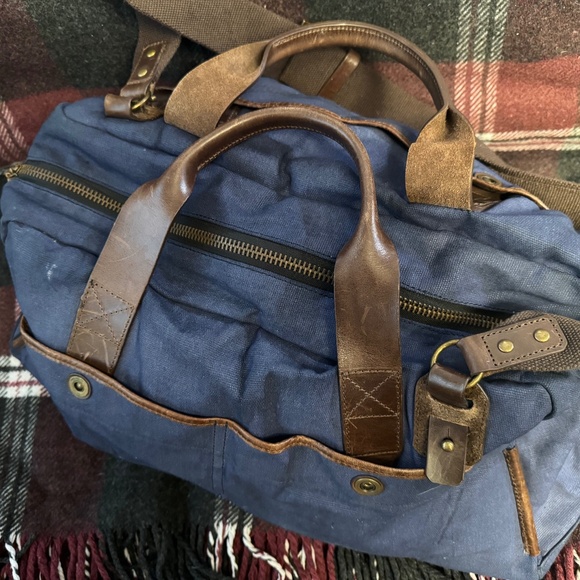 J. Fold Roadster Duffel Bag Blue Canvas Brown & Leather (Authentic Pre-Owned) - Picture 1 of 15